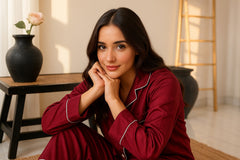 Florea Silk Pajama Set With Scrunchie - Maroon