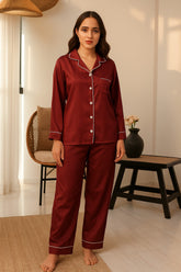 Silk Pajama Set With Scrunchie - Maroon