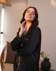 Florea Silk Pajama Set With Scrunchie - Black