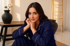 Florea Silk Pajama Set With Scrunchie - Navy Blue