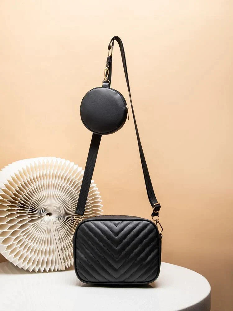 - Chevron Quilted Square Bag With Coin Purse ~ Black