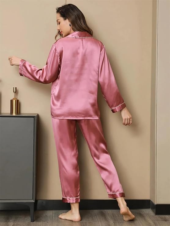 Florea Silk Pajama Set With Scrunchie - Pink
