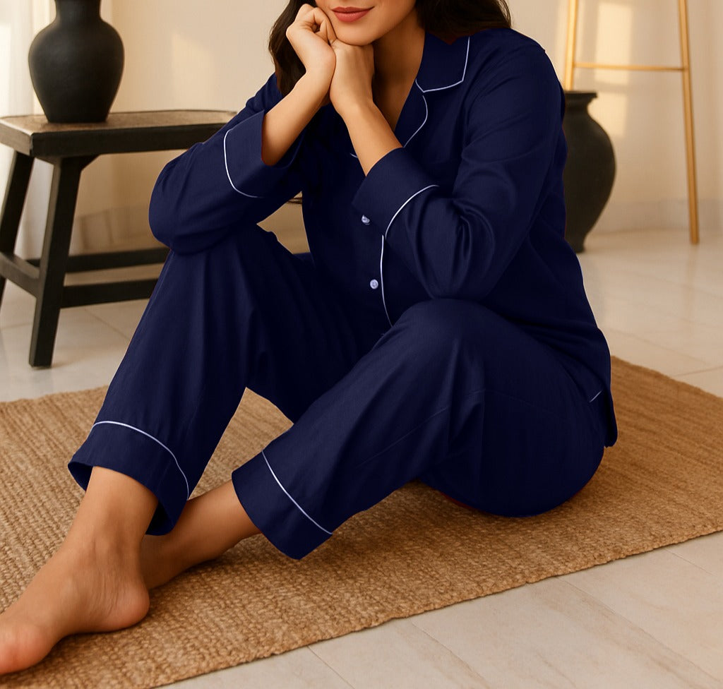Florea Silk Pajama Set With Scrunchie - Navy Blue