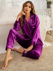 Florea Silk Pajama Set With Scrunchie - Purple
